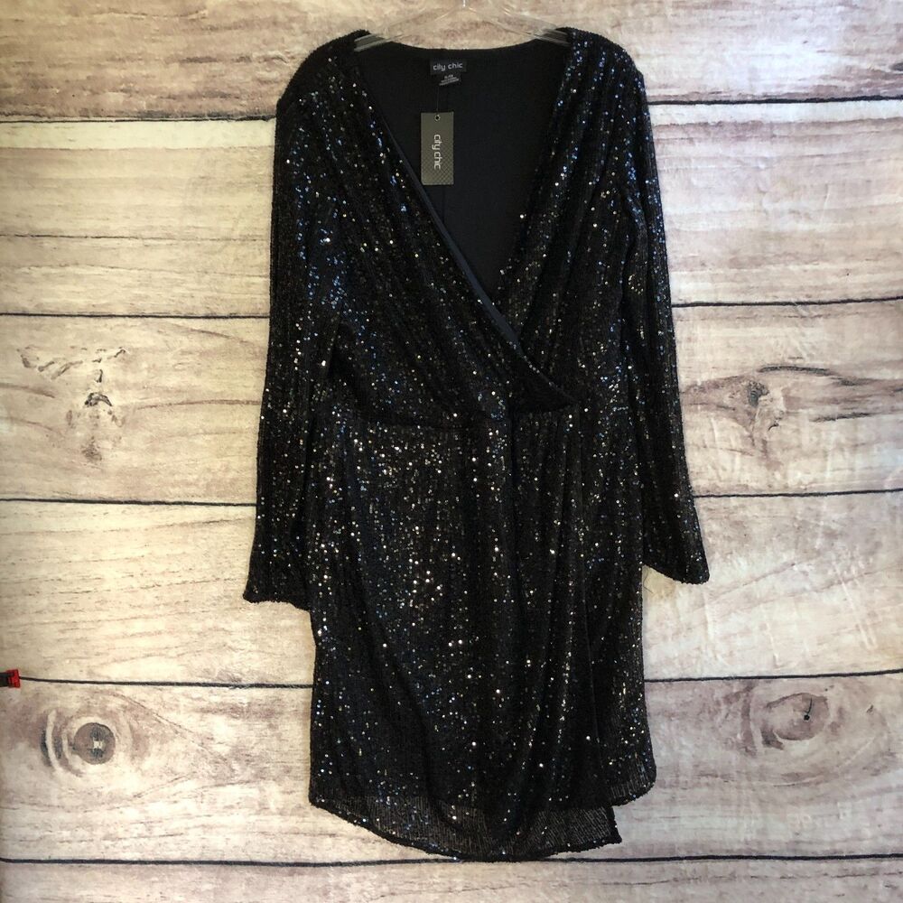 City Chic Dress XL 22 Plus Black Sequin Razzle Deep V Neck Faux Wrap Formal Glam